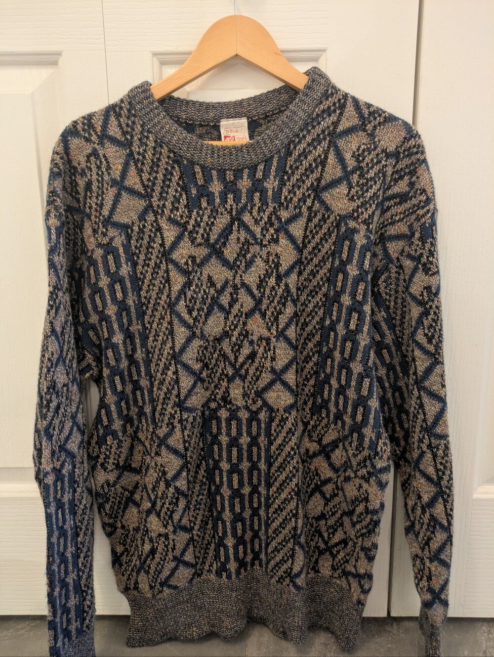 Vintage Men's Patterned Crewneck Sweater - Blue & Gray